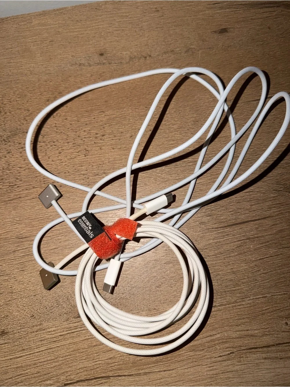 Essentials White Braided USB-C to USB-C Charging Cable with Orange Velcro Tie